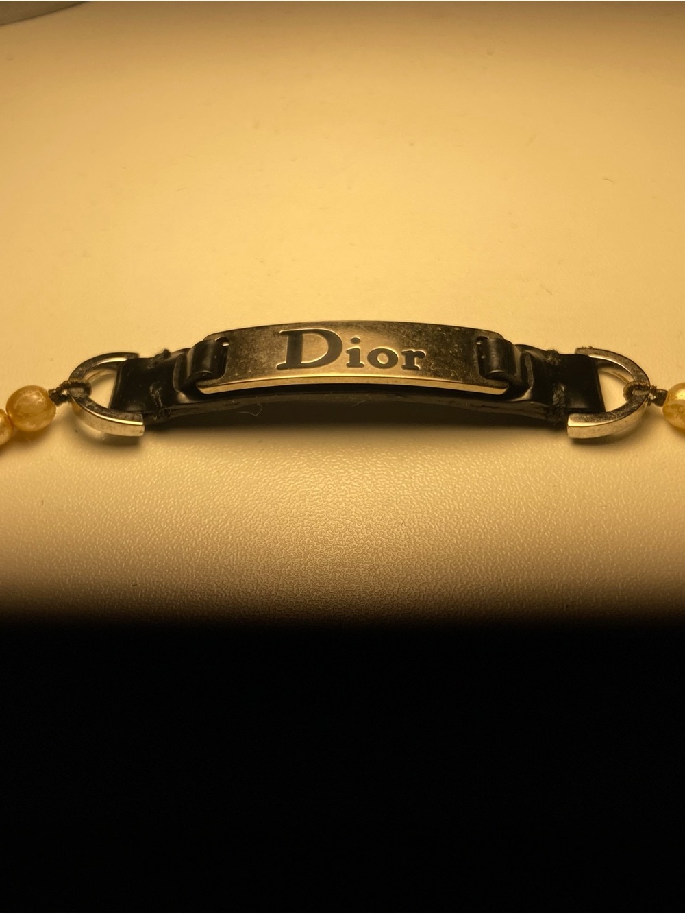 AUTH VTG Christian Dior Black Leather Logo Nameplate Pearl Choker Necklace